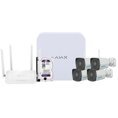 Kit di videosorveglianza Ajax - Videoregistratore Ajax da 8 canali - 4 telecamere bullet WiFi da 2 Mpx Uniarch - Router WiFi da 4 porte - Hard disk da 1 TB - Integrazione tramite ONVIF