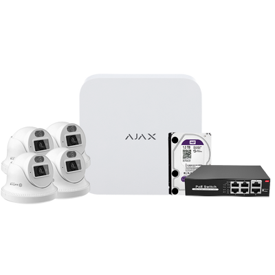 Kit di videosorveglianza Ajax - Videoregistratore Ajax da 8 canali - 4 telecamere turret da 4 Mpx Safire Smart Dual Light - Switch PoE da 4 canali - Hard disk da 1 TB - Integrazione tramite ONVIF