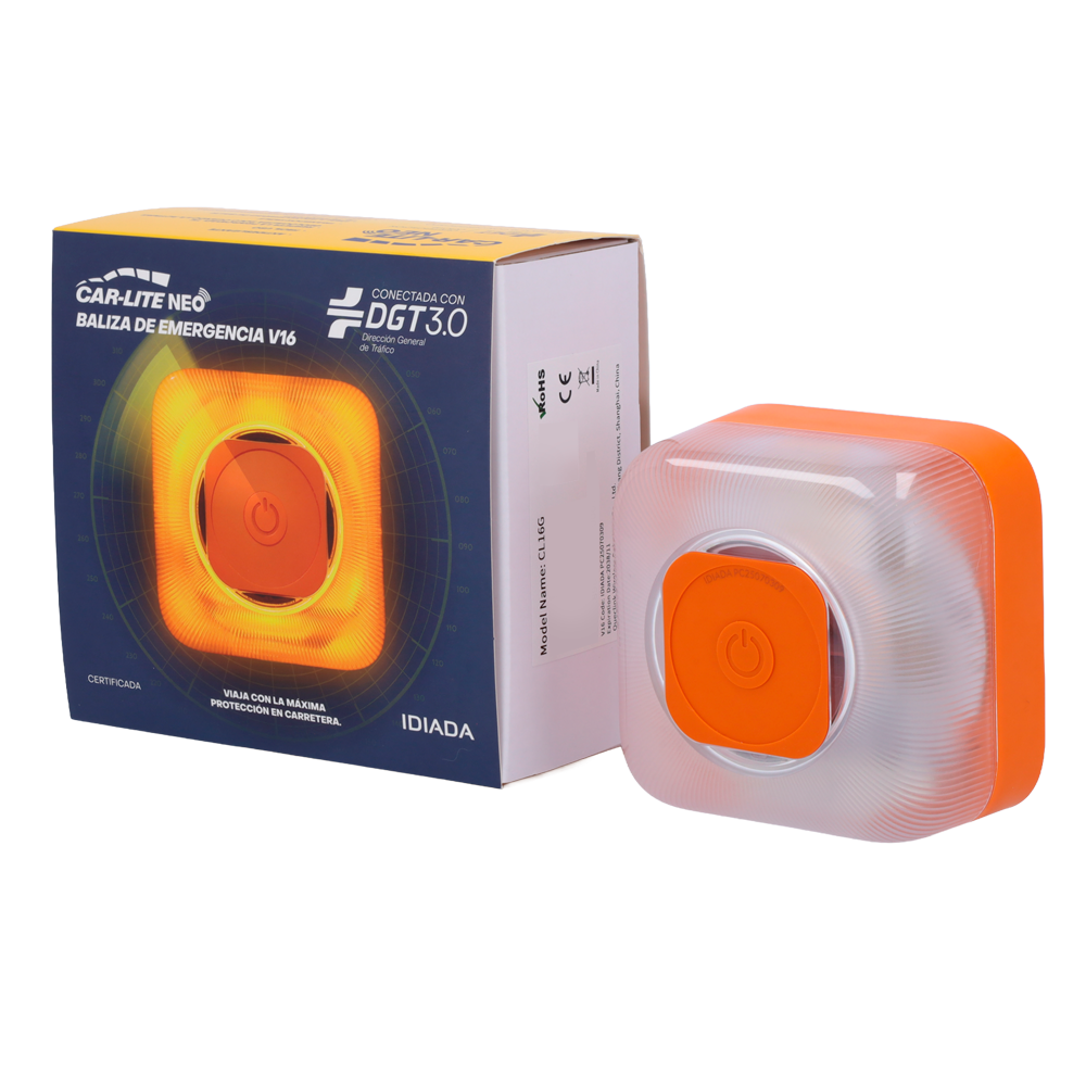 Baliza compatible con plataforma DGT 3.0 - Luz de emergencia 360º visible hasta 1km - Protección IP54 - Activación con solo 1 botón - Base imantada con alta adherencia - 4 pilas AA intercambiables sin herramienta