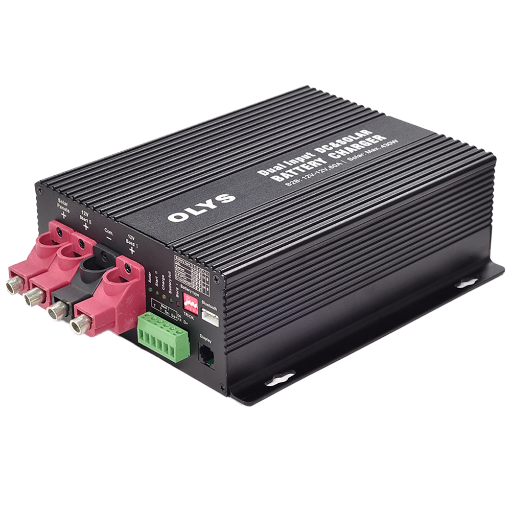 Caricabatterie doppio - Ricarica DC e Solare - 430W di ingresso solare - Corrente di carica fino a 30A - Compatibile con numerosi tipi di batterie - Comunicazione BT opzionale (App)