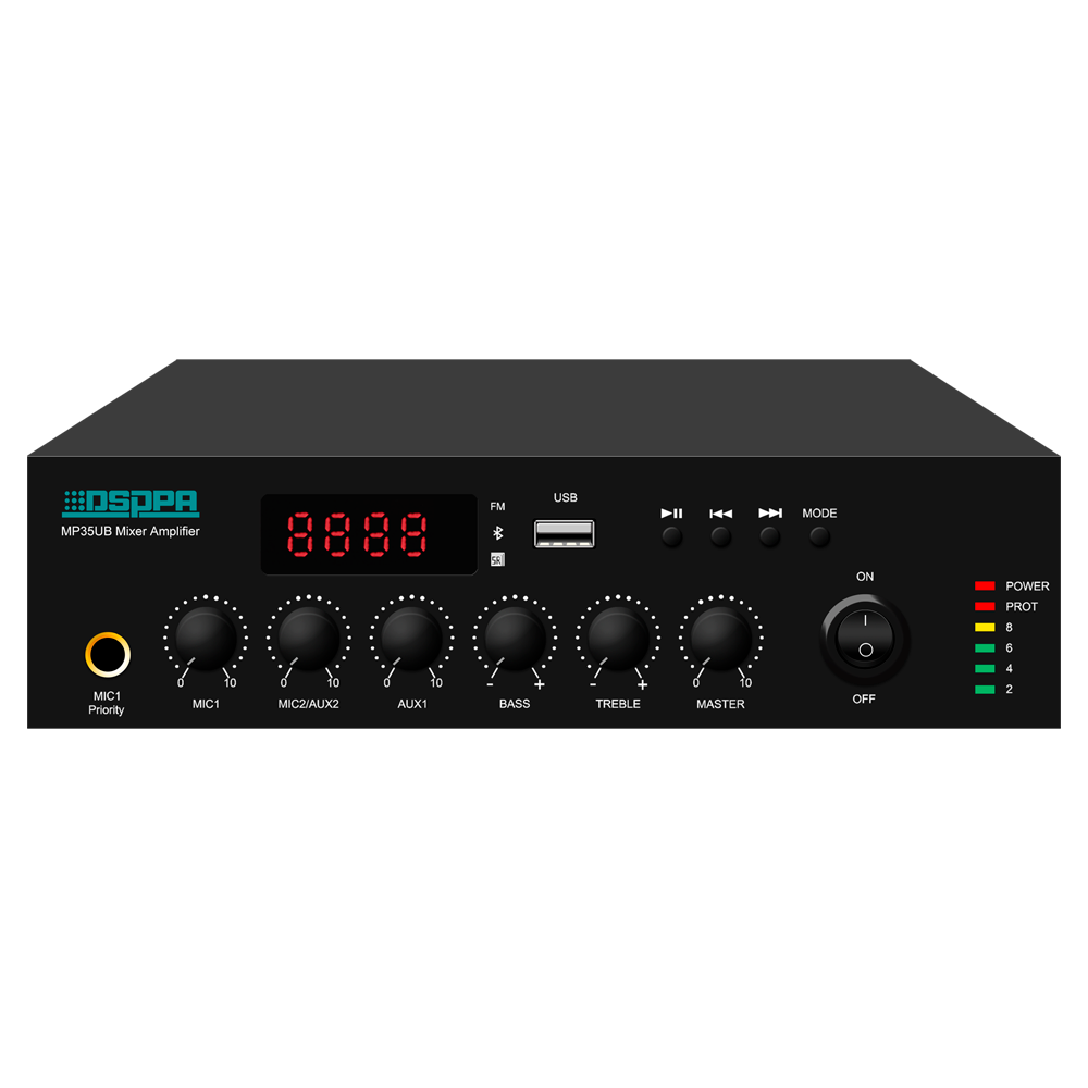 Mini mixer digitale - Amplificatore 100V - Lettore USB / Radio FM / Blutooth - Potenza nominale 35W - Uscita di linea - Dispone di telecomando