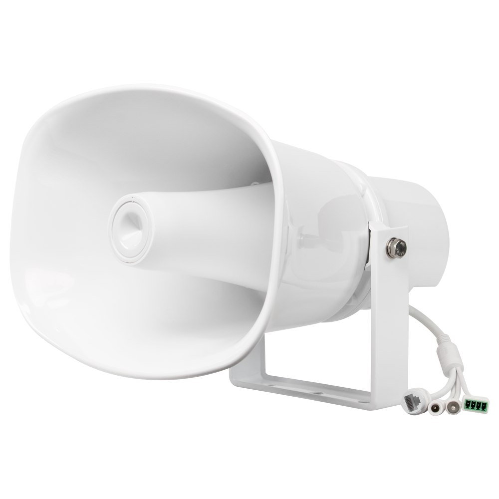 Altoparlante a tromba IP - Protocollo ONVIF - Formati MP3 e WAV - PoE+ o DC - Plastica ABS