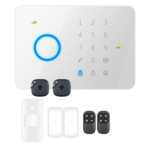 Kit allarme domestico - Pannello touch con modulo GSM - Invio di allarmi via SMS e chiamate - Rilevatore PIR volumetrico - 2 Contatto magnetici per porta / finestra - Include 2 telecomandi e 2 schede RFID