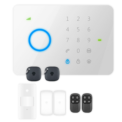 Kit allarme domestico - Pannello touch con modulo GSM - Invio di allarmi via SMS e chiamate - Rilevatore PIR volumetrico - 2 Contatto magnetici per porta / finestra - Include 2 telecomandi e 2 schede RFID