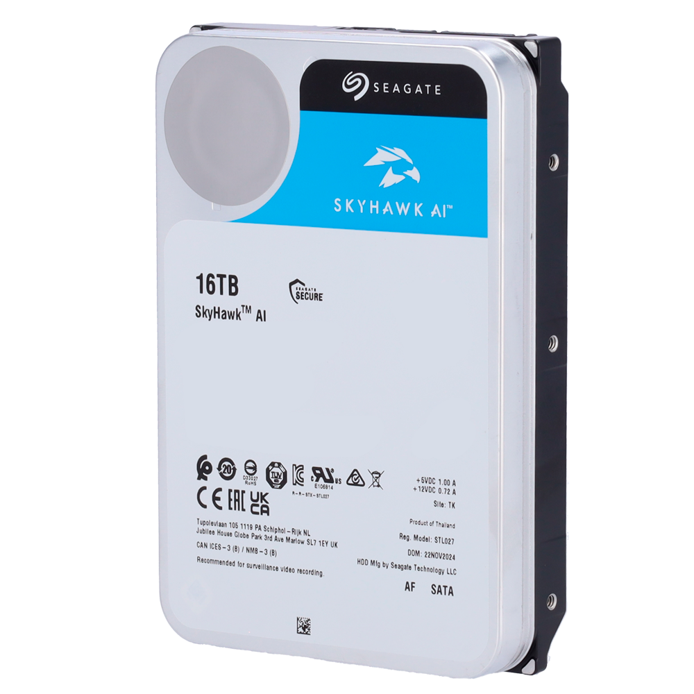 Hard Disk Seagate Skyhawk AI - Capacità 16 TB - Interfaccia SATA 6 GB/s - Fino a 32 trasmissioni di intelligenza artificiale - Modello ST16000VE002 - Speciale per videoregistratore di rete (NVR)