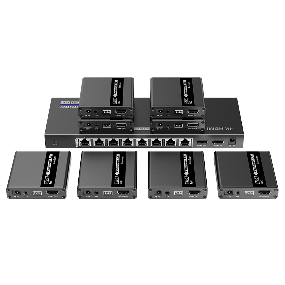 Splitter-Extender HDMI1x8 - 1 trasmettitore / 8 ricevitori - Risoluzione fino a 4K@30Hz - Autonomia fino a 70m - Su cavo UTP CAT6/6A/7 - Controllo RS232