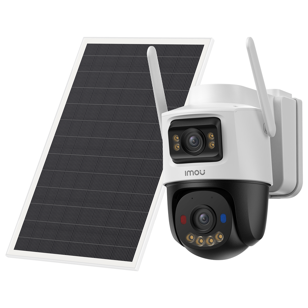 Kit Cámara AOV Dual kit 5MP+5MP - 4G+SIM / WiFi/ 10000 mAh / Panel Solar 8W - 3.6mm / Autotracking / IR + Full-color - Audio bidireccional / Sirena + Flash azul-rojo - IMOU SENSE humanos + 128GBSD  - Apta para exterior