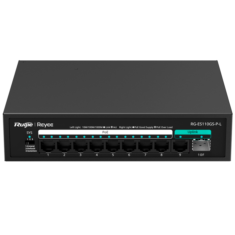 Reyee Switch PoE da Tavolo - 8 Porte RJ45 + 1 Uplink RJ45 + 1 Uplink SFP - 8 Porte Gigabit + 2 Porte Gigabit - 8 Porte PoE+ 802.3af/at | Potenza totale 120W - Isolamento Porte / Flow Control / PoE Watchdog - Plug and Play