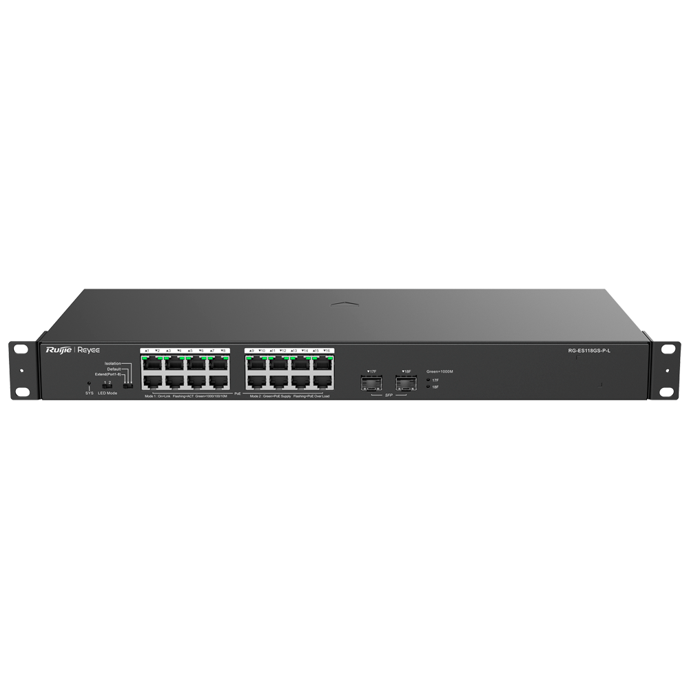 Reyee Switch PoE da Tavolo - 16 Porte RJ45 + 2 Uplink SFP - 16 Porte Gigabit + 2 Porte Gigabit - 16 Porte PoE+ 802.3af/at | Potenza totale 247W - Isolamento porte / Controllo del flusso - Plug and Play