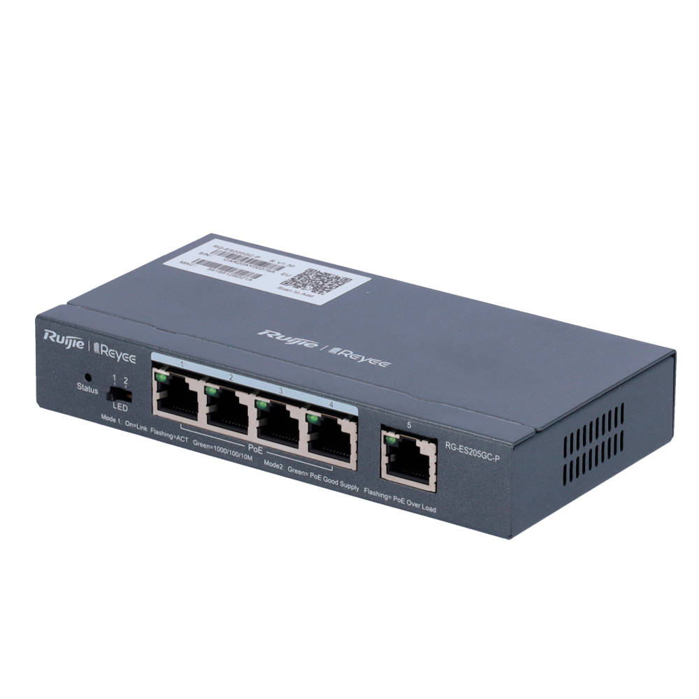 Reyee Switch PoE Cloud Managed - 4 porte PoE 802.3af/at + 1 Uplink RJ45 - 4 RJ45 10/100/1000Mbps + 1 RJ45 10/100/1000Mbps - 30W per porta 802.3af/at / Massimo 54W - VLAN/Port Isolation/Loop Detection - Limite di Velocità della Porta