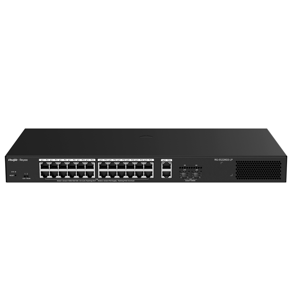 Reyee Switch PoE Cloud Managed - 24 PoE 802.3af/at + 2 SFP + 2 uplink RJ45 - 26 RJ45 10/100/1000Mbps + 2 SFP 10/100/1000 - 30W per porta 802.3af/at / Massimo 250W - VLAN/Port Isolation/Loop Detection - Limite di Velocità della Porta