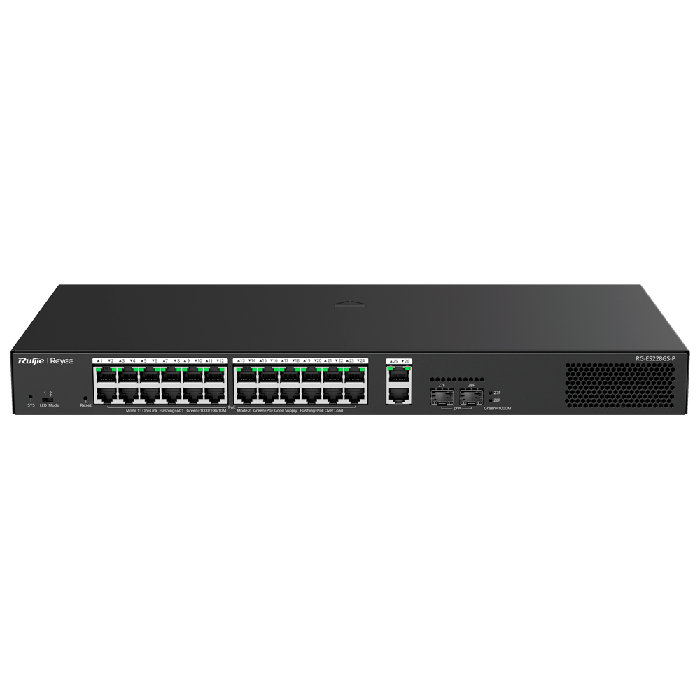 Reyee Switch PoE Cloud Managed - 24 PoE 802.3af/at + 2 SFP + 2 uplink RJ45 - 26 RJ45 10/100/1000Mbps + 2 SFP 10/100/1000 - 30W per porta 802.3af/at / Massimo 370W - VLAN/Port Isolation/Loop Detection - Limite di Velocità della Porta