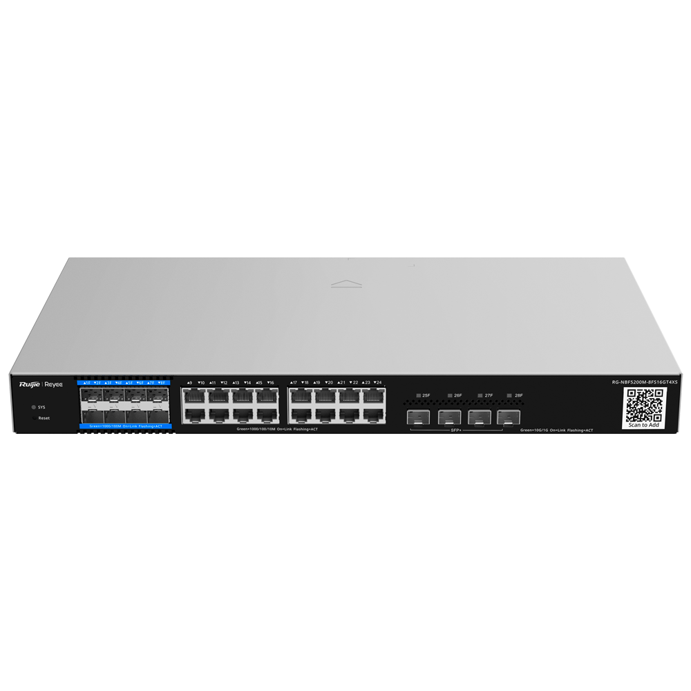 Reyee E-Lighten Switch Cloud Layer 3 - 16 porte RJ45 Gigabit + 4 porte SFP+ 10 Gbps - 8 Porte SFP E-Lighten (PON/Ethernet) - Static LAG/DHCP Snooping/IGMP Snooping/Port Mirroring - VLAN/Porta Isolation/STP/RSTP/ACL/QoS/802.1X - Server DHCP/Ro...