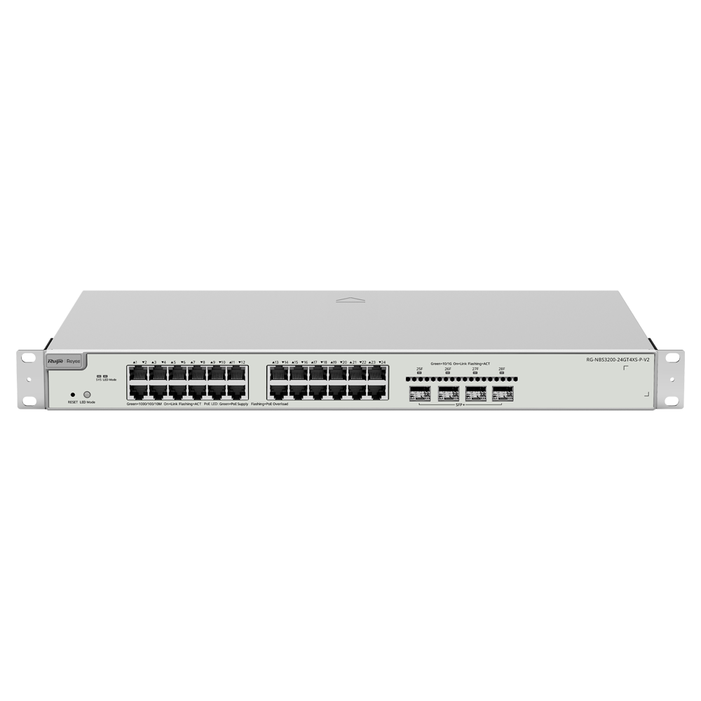 Reyee Switch PoE Cloud Layer 2+ - 24 porte PoE Gigabit+ 4 10Gbps SFP+ - 30 W per porta 802.3af/at / Massimo 370W - Static LAG/DHCP Snooping/IGMP Snooping/Port Mirroring - VLAN/Port Isolation/STP/RSTP/ACL/QoS - Montaggio su rack
