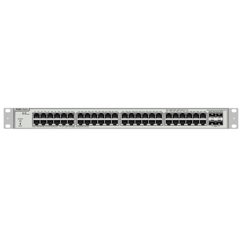 Reyee Switch PoE Cloud Gestibile L2+ - 48 porte PoE + 4 SFP+ - 48 10/100/1000Mbps + 4 SFP+ 10Gb - 30 W per porta 802.3af/at / Massimo 370W - VLAN/Port Isolation/STP/RSTP/ACL/QoS - Static LAG/DHCP Snooping/IGMP Snooping/Port Mirroring