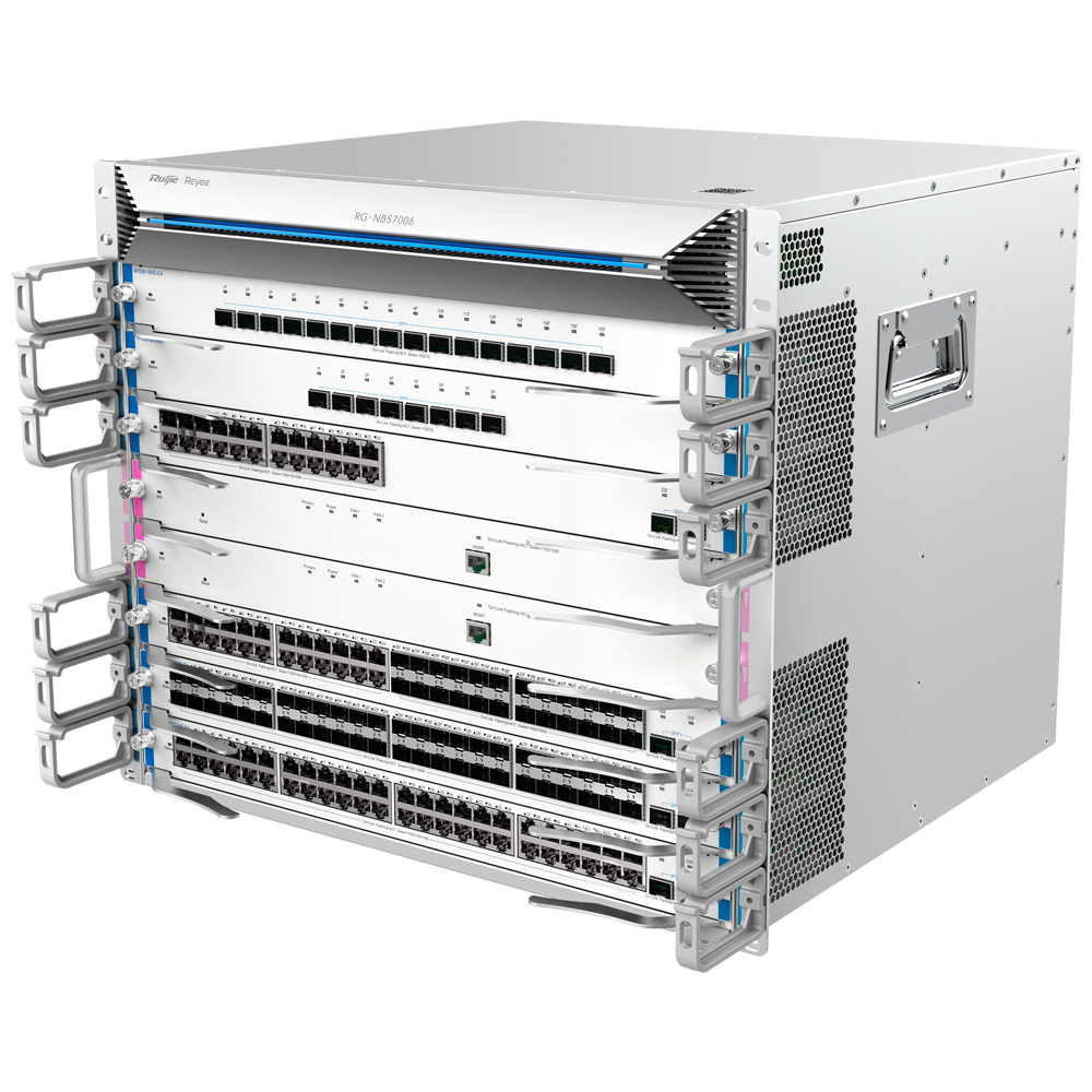 Reyee Switch Layer L3 modulare - 6 Slot di Espansione (dimensione totale di 9U) - Fino a 288 porte GE / 288 SFP GE / 96 SFP+ - Static LAG/DHCP Snooping/IGMP Snooping/Port Mirroring - VLAN/Porta Isolation/STP/RSTP/ACL/QoS/802.1X - Server DHCP/...