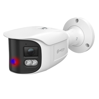 Safire Smart - Cámara Bullet IP gama I1 panorámica disuasoria - Resolución 8 Megapíxel (4640x1760) - Lente 2x2.8 mm (180º) | Metadatos de vídeo - AI: Clasificación de humano y vehículo - IP66 | PoE.af | Altavoz  y flash policial