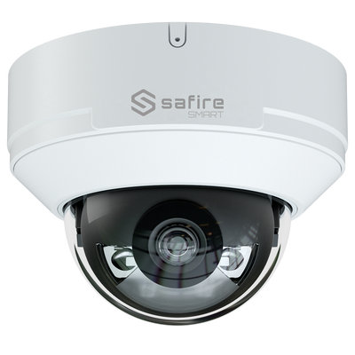 Safire Smart - Telecamera Dome IP gamma E1 Intelligenza Artificiale - Risoluzione 8 Megapixel (3840x2160) - Ottica 2.8 mm | Audio IN | IR e Luce Bianca 50m - IA: Classificazione di persone e veicoli - Waterproof IP67 | PoE (IEEE802.3af) | P2P
