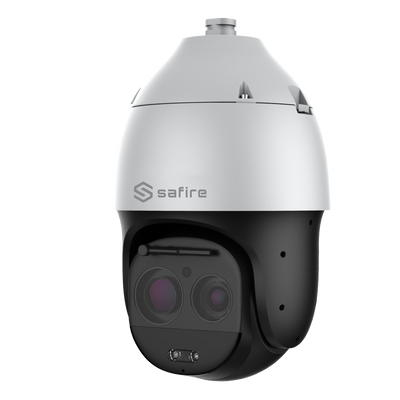 SAFIRE Dome motorizzata - 1/1.8" Progressive Scan CMOS - Zoom ottico 63X e illuminazione Laser fino a 500m - Auto-tracking | EIS (Stabilizzazione elettronico d'immagine) - Intelligenza artificiale e deterrenza attiva - Compatibile con ONVIF ...