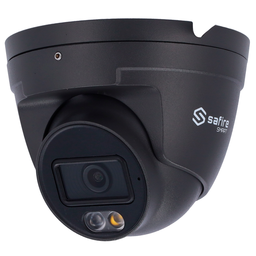 Safire Smart Telecamera Turret IP gamma E1 IA - Colore Grigio - Risoluzione 4 Megapixel (2566x1440) - Ottica 2.8 mm | Microfono integrato | DL 30m - IA: Classificazione di persone e veicoli - Waterproof IP67 | PoE (IEEE802.3af) | P2P