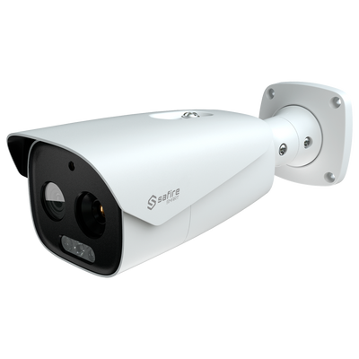Telecamera termica a doppia ottica Bullet IP Safire Smart - Sensore termico 12 μm 640x512 VOx | Ottica 19 mm - Sensore ottico1/2.7” 5 Mpx | Lente 8 mm - Sensibilità termica ≤ 35mK - IA basata sulla classificazione di persone e veicoli - Inter...