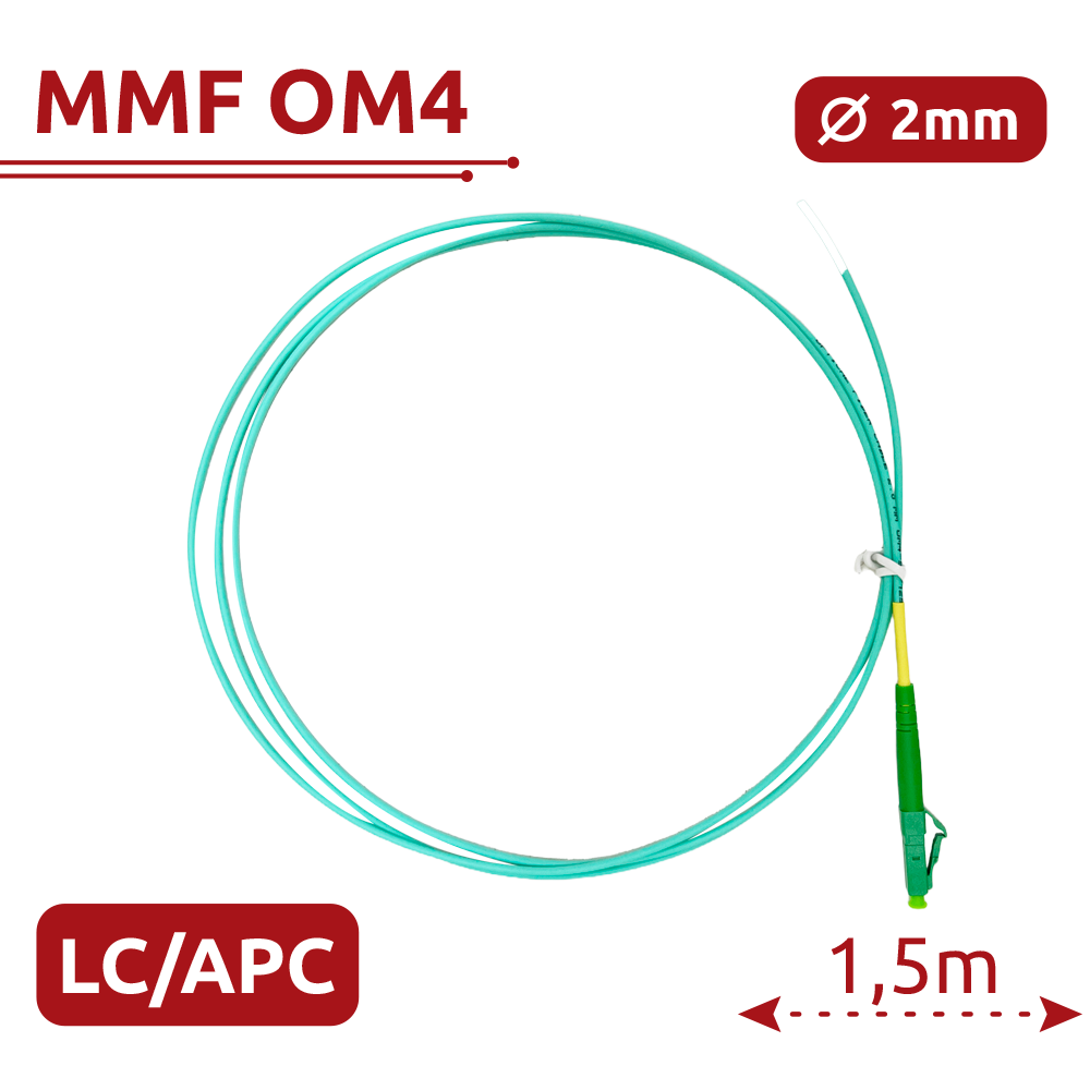 Pigtail de fibra óptica - Fibra multimodo OM4 - Conector LC APC simplex - Longitud 1.5m - Cubierta LSZH - Compatibilidad genérica