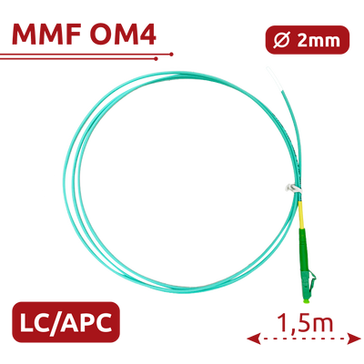 Pigtail de fibra óptica - Fibra multimodo OM4 - Conector LC APC simplex - Longitud 1.5m - Cubierta LSZH - Compatibilidad genérica