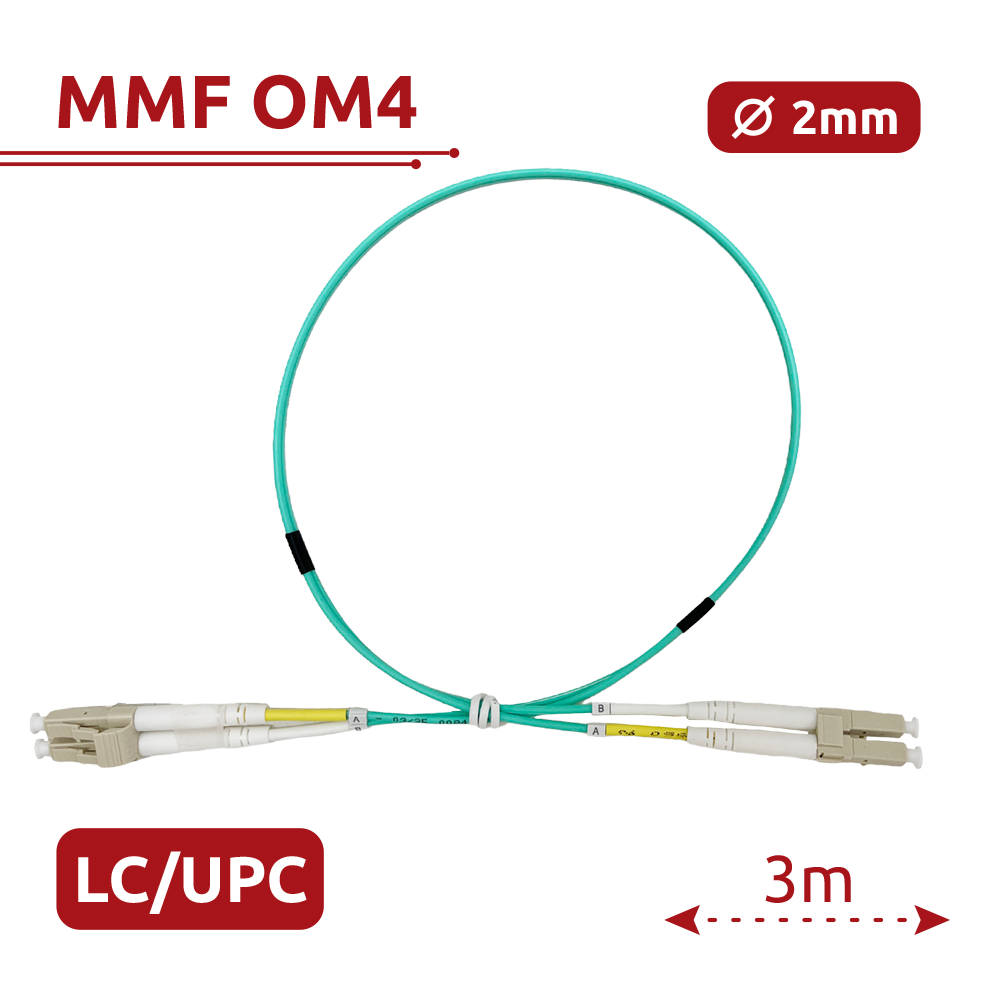 Cable de conexión de fibra óptica - Fibra multimodo OM4 - Conector LC UPC dúplex - Longitud 3m - Cubierta LSZH - Compatibilidad genérica