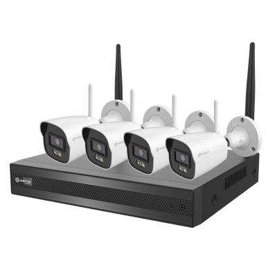 FENIVA | Kit CCTV inalámbrico Plug&Play - 4 Cámaras Bullet de 4Mpx luz dual para exterior - 1 NVR de 8CH y espacio para 1HDD - WiFi Cascada - Inteligencia artificial de humano y vehículo - Compatible con Safire Smart APP