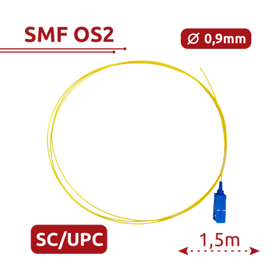 Pigtail de fibra óptica - Fibra monomodo OS2 - Conector SC UPC simplex - Longitud 1.5m - Cubierta LSZH - Compatibilidad genérica