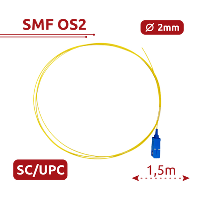 Pigtail de fibra óptica - Fibra monomodo OS2 - Conector SC UPC simplex - Longitud 1.5m - Cubierta LSZH - Compatibilidad genérica