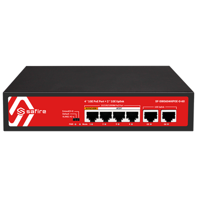 Safire Switch PoE - 4 puertos PoE + 2 Uplink RJ45 - Velocidad de puertos 10/100/1000 Mbps - 4 Puertos PoE+ 30W - Potencia PoE total de 60W - PoE Watchdog / Auto PoE Extendido Hasta 250m