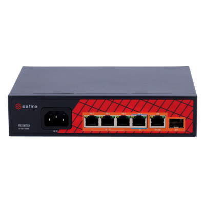 Safire Switch Hi-PoE - 4 porte PoE + 1 Uplink RJ45 + 1 Uplink SFP - Velocità porte Gigabit 10/100/1000Mbps - 3 Porte PoE+ 30W + 1 Porta Hi-PoE 60W - PoE Watchdog - Fino a 65W Potenza PoE totale
