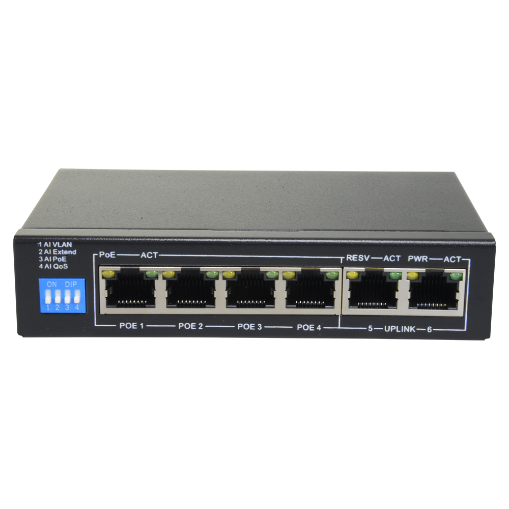 Switch PoE - 4 porte PoE + 2 Uplink RJ45 - Velocità fino a 1000 Mbps su tutte le porte - Fino 60W in totale per tutte le porte - Larghezza di banda 12 Gbps - Standard IEEE802.3af (PoE) / a (PoE+)