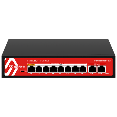 Safire Switch Hi-PoE - 8 porte PoE + 2 Uplink RJ45 - 10x 10/100/1000Mbps - 7 Porte PoE+ 30W + 1 Porte Hi-PoE 60W - PoE Watchdog - Fino a 115W Potenza PoE totale