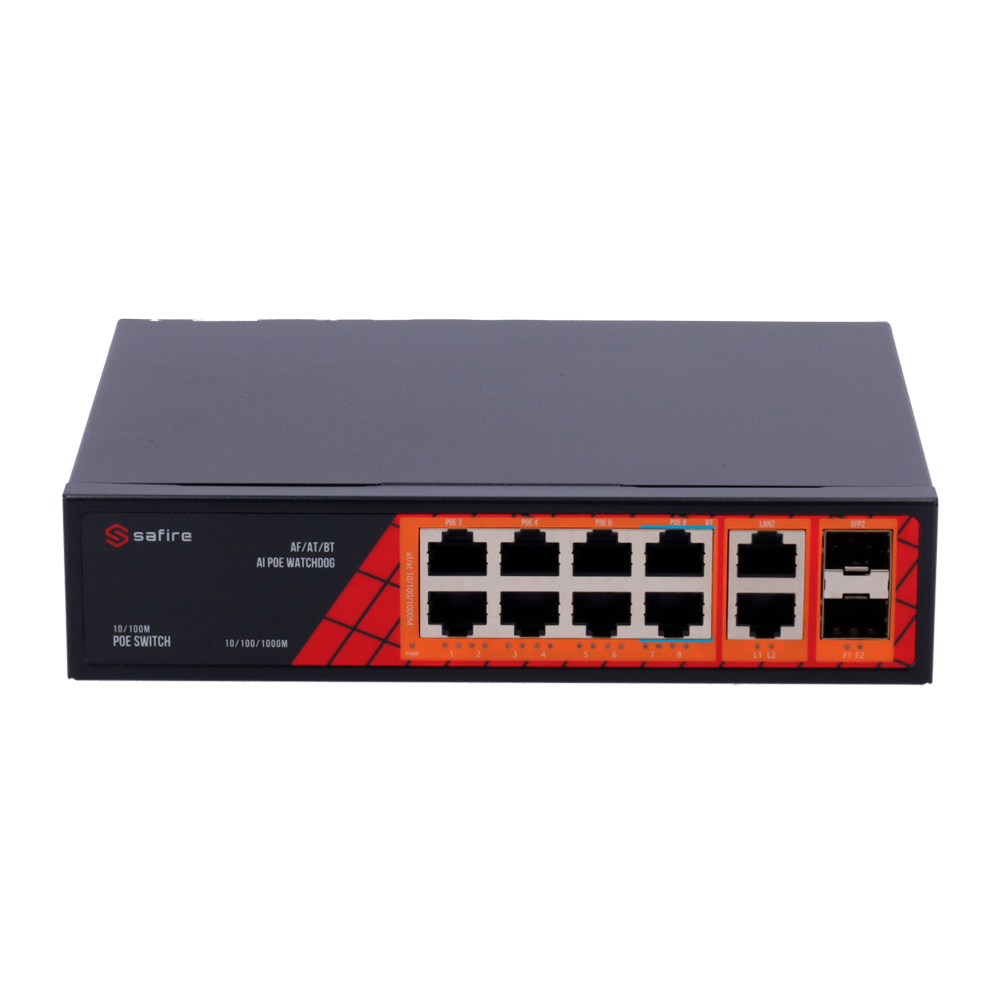 Safire Switch Hi-PoE - 8 porte PoE + 2 SFP + 2 RJ45 - Velocità porte Gigabit 10/100/1000Mbps - 6 Porte PoE+ 30W + 2 Porte Hi-PoE 60W - PoE Watchdog - Fino a 120W Potenza PoE totale