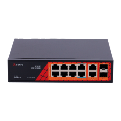 Safire Switch Hi-PoE - 8 porte PoE + 2 SFP + 2 RJ45 - Velocità porte Gigabit 10/100/1000Mbps - 6 Porte PoE+ 30W + 2 Porte Hi-PoE 60W - PoE Watchdog - Fino a 120W Potenza PoE totale