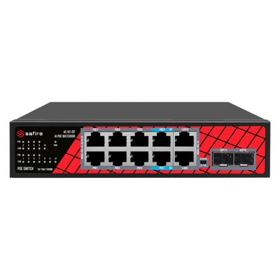 Safire Switch Hi-PoE - 8 porte PoE + 2 SFP + 2 RJ45 - Velocità porte Gigabit 10/100/1000Mbps - 6 Porte PoE+ 30W + 2 Porte Hi-PoE 60W - PoE Watchdog - Fino a 120W Potenza PoE totale