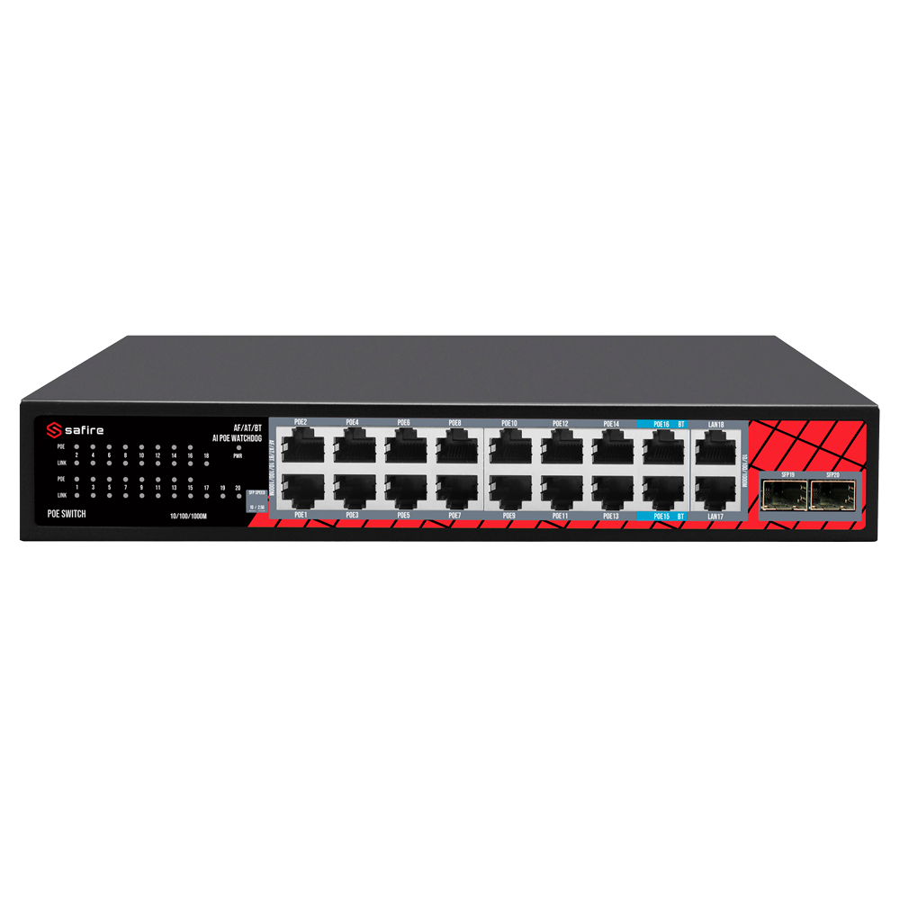 Safire Switch Hi-PoE - 16 porte PoE + 2 SFP + 2 RJ45 - Velocità della porta 10/100/1000/2500 Mbps - 14 Porte PoE+ 30W + 2 Porte Hi-PoE 60W - PoE Watchdog - Fino a 240W Potenza PoE totale