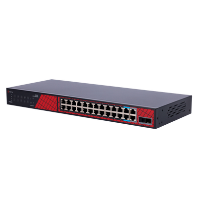 Safire Switch Hi-PoE - 24 porte + 2 SFP Uplink + 2 Uplink RJ45 - Velocità porte Fast Ethernet 10/100 Mbps - 22 Porte PoE+ 30W + 2 Porte Hi-PoE 60W - PoE Watchdog - Fino a 300W Potenza PoE totale