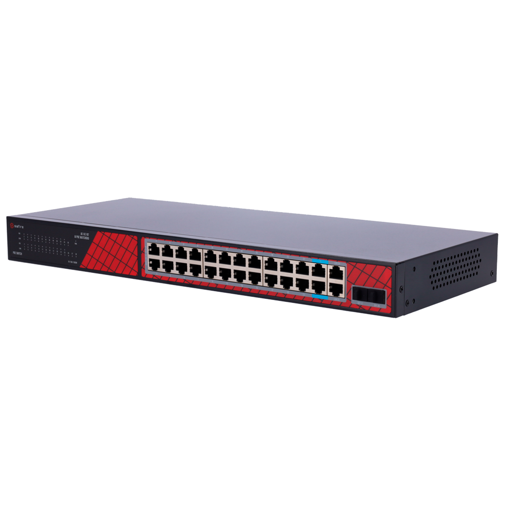 Safire Switch Hi-PoE - 24 porte + 2 SFP Uplink + 2 Uplink RJ45 - Velocità porte Gigabit 10/100/1000 Mbps - 22 Porte PoE+ 30W + 2 Porte Hi-PoE 60W - PoE Watchdog - Fino a 300W Potenza PoE totale