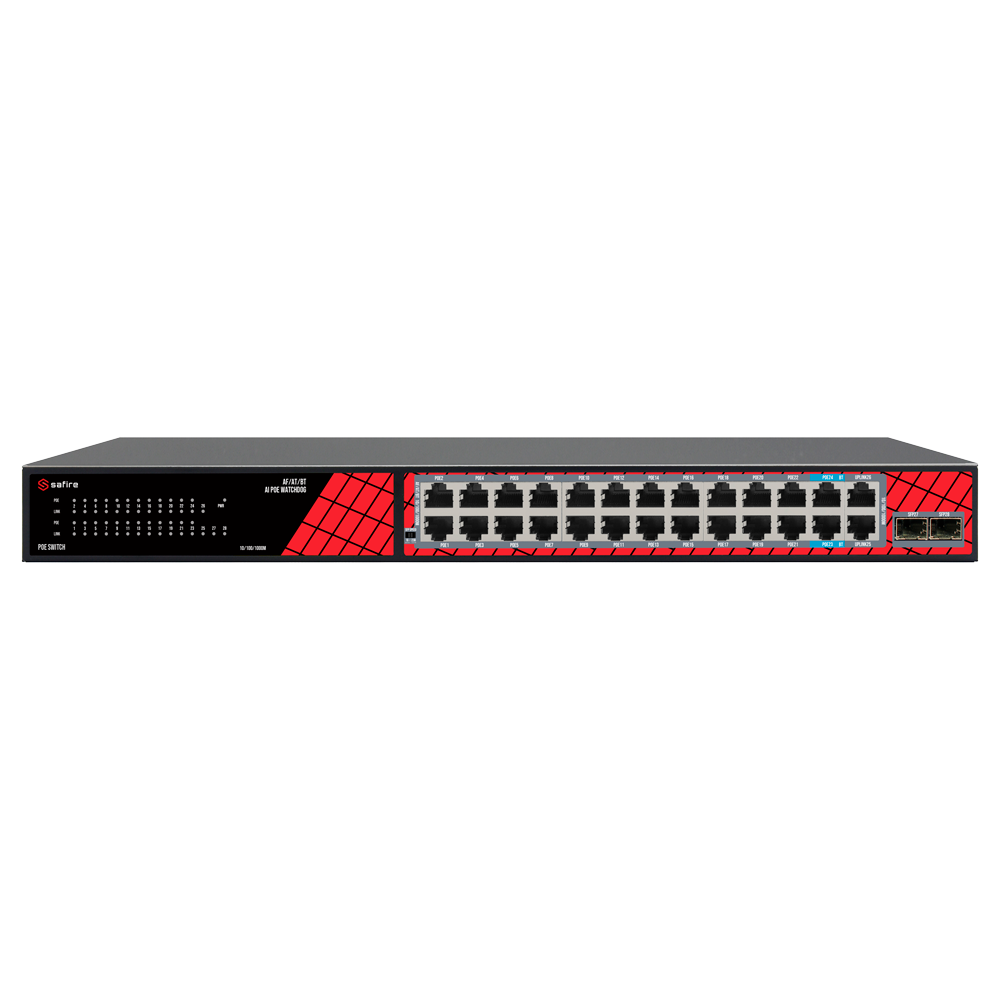 Safire Switch Hi-PoE - 24 porte + 2.5GE SFP Uplink + 2 Uplink RJ45 - Velocità porte Gigabit 10/100/1000 Mbps - 22 Porte PoE+ 30W + 2 Porte Hi-PoE 60W - PoE Watchdog - Fino a 300W Potenza PoE totale