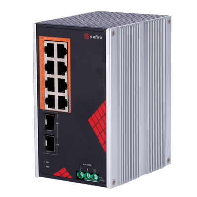 Safire Switch Industriale Alimentazione AC e DC - 8 porte Gigabit + 2 SFP Gigabit - 6 Porte PoE+ 30W + 2 Porte Hi-PoE 60W - PoE Watchdog - Fino a 130W Potenza PoE totale - Installazione su guida DIN