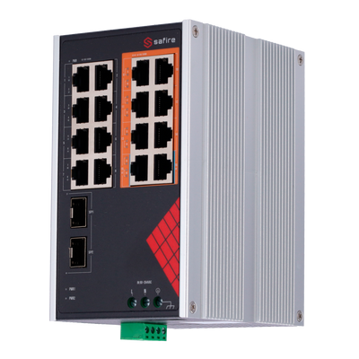 Safire Switch Industriale Alimentazione AC e DC - 16 porte Gigabit + 2 SFP Gigabit - 6 Porte PoE+ 30W + 2 Porte Hi-PoE 60W - PoE Watchdog - Fino a 130W Potenza PoE totale - Installazione su guida DIN