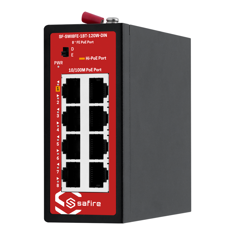 FENIVA | Safire Industrial Hi-PoE DIN Switch - 8 puertos PoE Fast Ethernet 10/100 Mbps - Presupuesto PoE 150W con Hi-PoE 60W en puerto 1 - Diseño industrial extremo desde -40 °C a 75 °C - Modo Extend para transmisión hasta 250 metros - Chasis de hier...