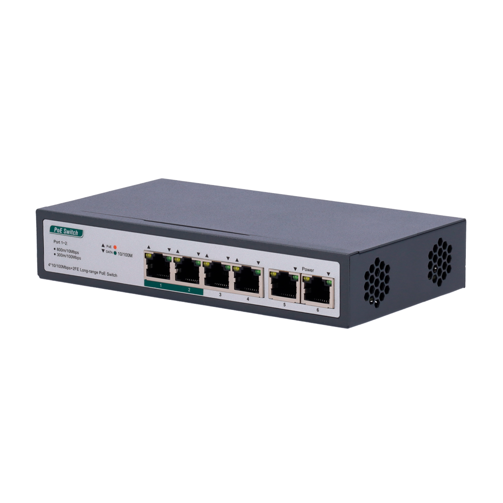 Switch PoE - 4 porte PoE+ FE + 2 FE Uplink - Velocità 4 x10/100Mbps + 2 x10/100Mbps - 2 Porte PoE fino a 800m con accessorio - Fino a 60 W di Potenza PoE Totale - Standard IEEE802.3at PoE / af PoE+