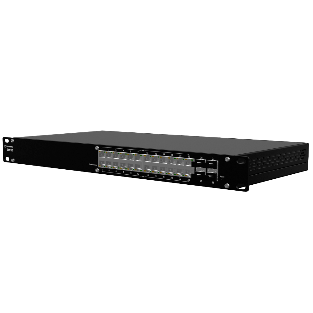 Teltonika Switch PoE Capa 3 - 24 puertos PoE Gigabit+ 4 SFP Gigabit - 30W por puerto 802.3af/at / Máximo 300W - DHCP/VLAN/STP/RSTP/MRP/ACL/QoS/SNMP - Licencia de gestión RMS ( 2 años incluidos ) - Enrackable