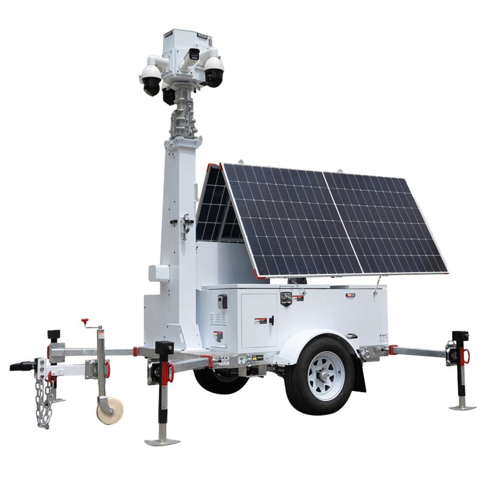 Trailer ad alimentazione autonoma per TVCC - Pannello solare da 2x600W - Batteria al Litio LiFePo 12000Wh - Palo telescopico fino a 9m - IP65 - Gancio traino e freno a mano manuale - MONTAGGIO NON INCLUSO