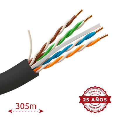 Cable UTP rígido de exterior - Categoría 6 - Cumple con 90m Fluke test - Conductor OFC