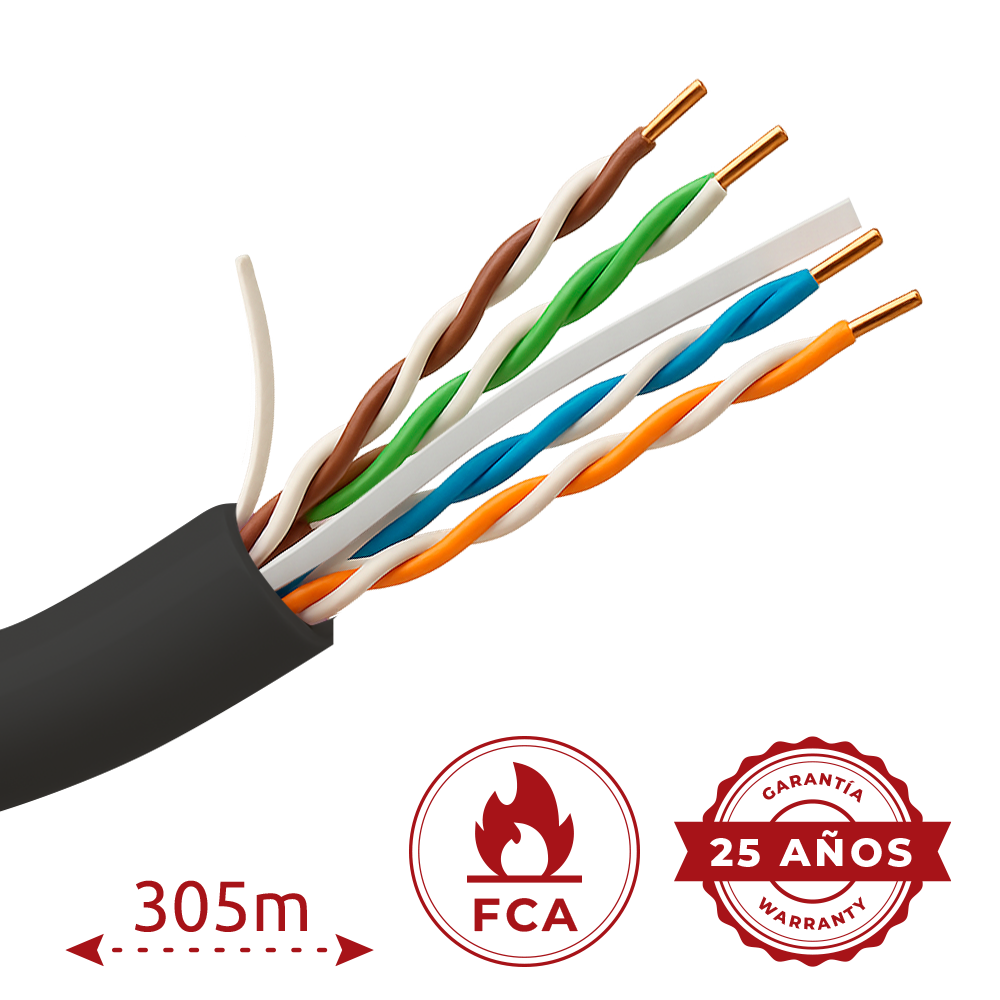 Cavo UTP rigido Safire - Categoria 6 - Soddisfa il test Fluke 90m - Conduttore CCA 23AWG - Bobina da 305 metri - Guaina speciale per esterni